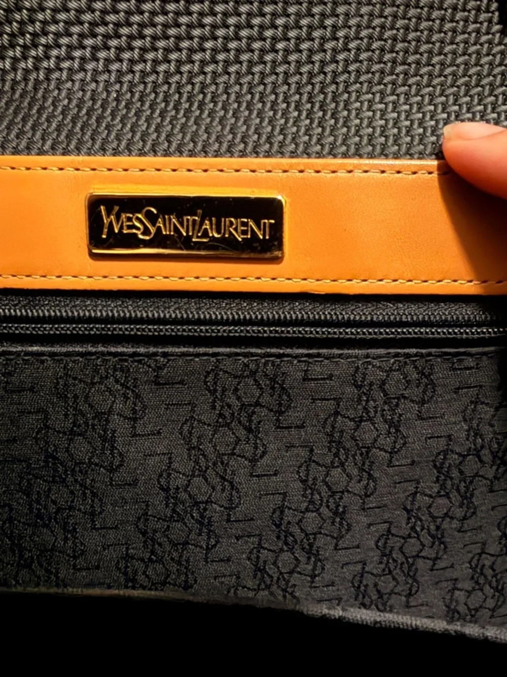 Authentic Yves Saint Laurent Black Woven Canvas and Tan Leather Trim Clutch - Picture 6 of 7